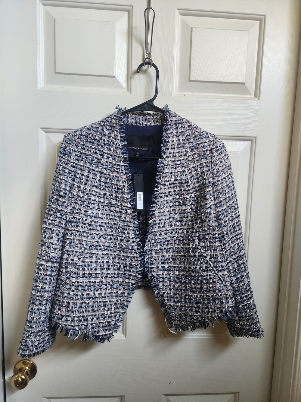 Banana Republic Navy/White Tweed Fringed Jacket